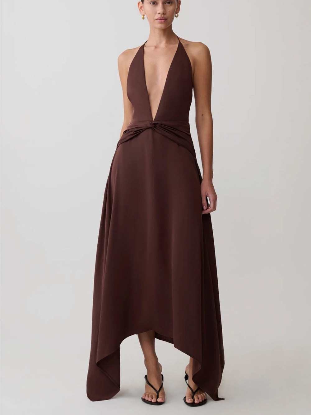 Meshki Brown Plunge Halter Twist-Waist Gown